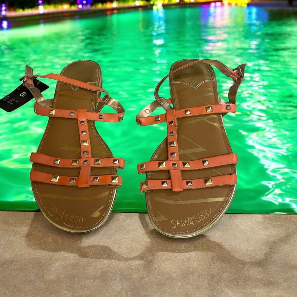 Sandals Studded Flat Size 8.5 Sam & Libby Hope Tangerine Buckle Strap NEW W/TAGS